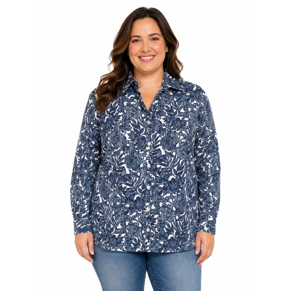 Lands End No Iron Cotton Blouse Size 14  Floral Blue & White